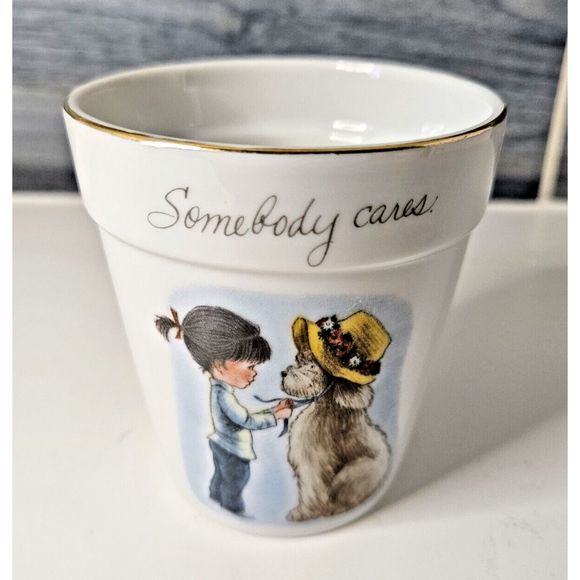Girl & Dog Porcelain 1974 Fran Mar Moppets Japan 'Somebody Cares' Planter Drain - Picture 1 of 6
